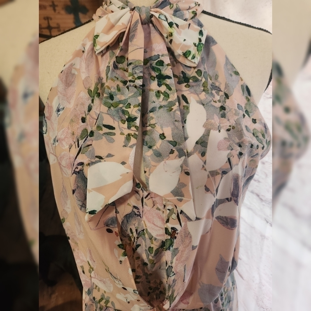 Adrianna Papell Watercolor Floral Print Halter Neck Sleeveless Midi Dress Size12 - Picture 2 of 6